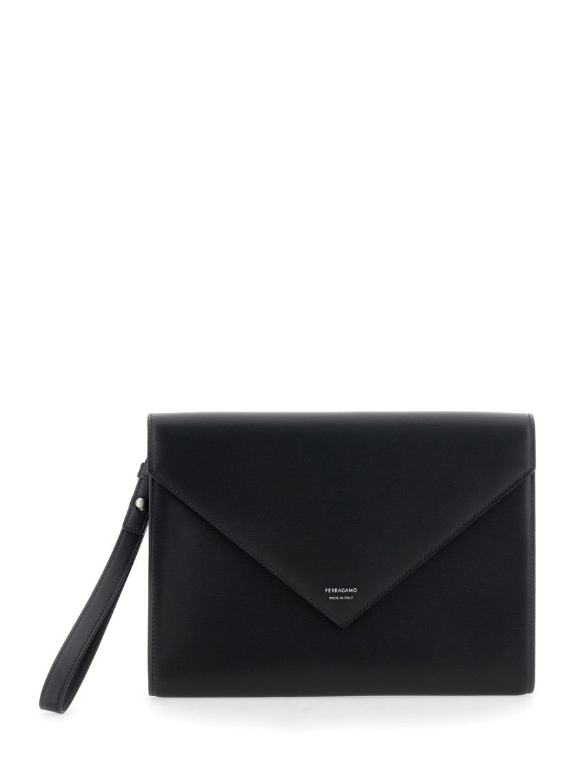 Salvatore Ferragamo Structured Black Calfskin Clutch