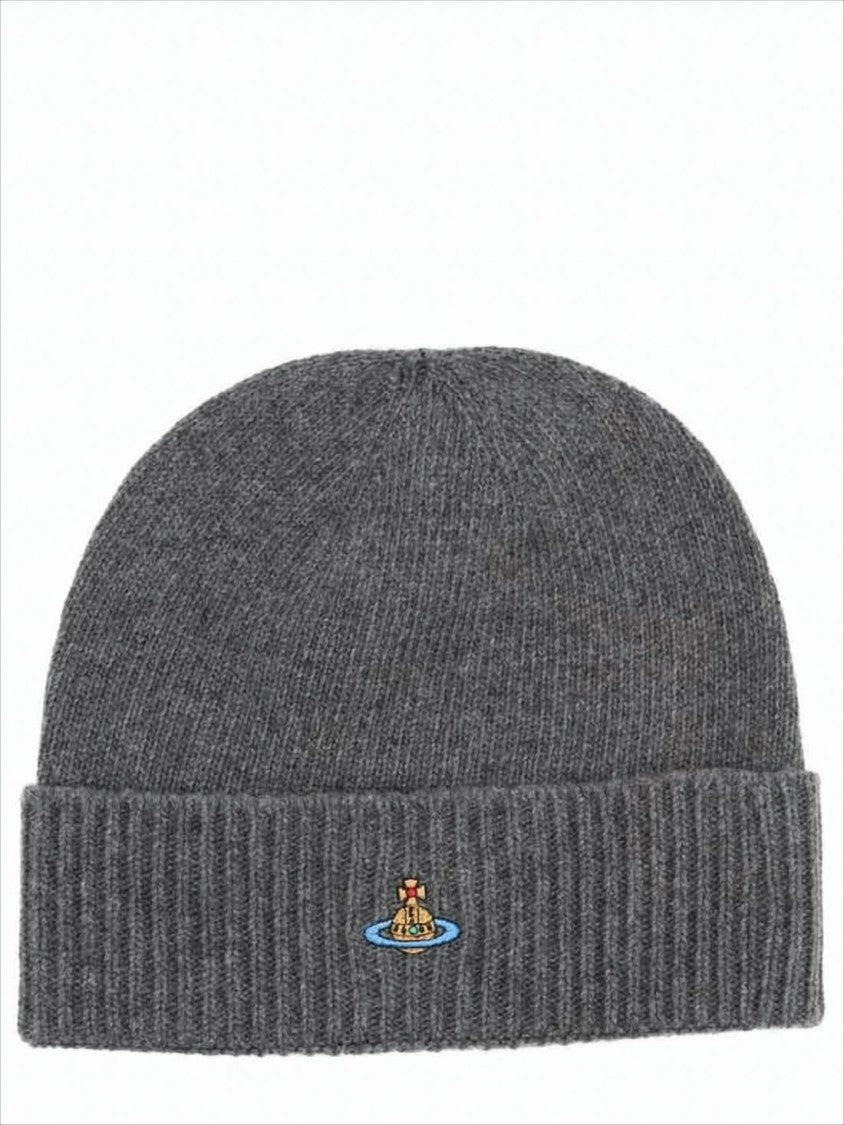Vivienne Westwood Ribbed Cashmere Beanie With Embroidered Orb Emblem