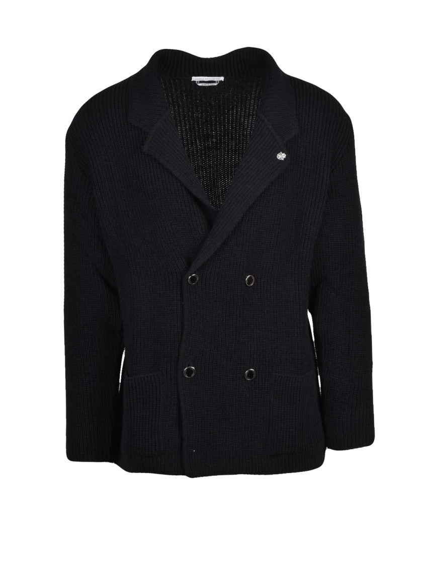 Daniele Alessandrini Black Wool-Blend Double-Breasted Shawl Collar Cardigan
