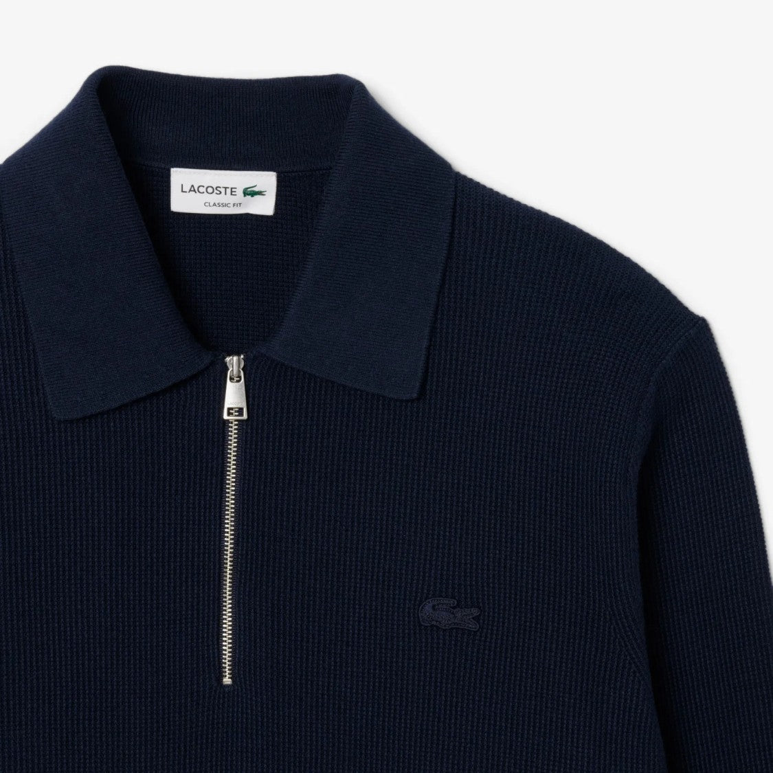 Lacoste Ribbed Blue Half-Zip Sweater With Classic Collar
