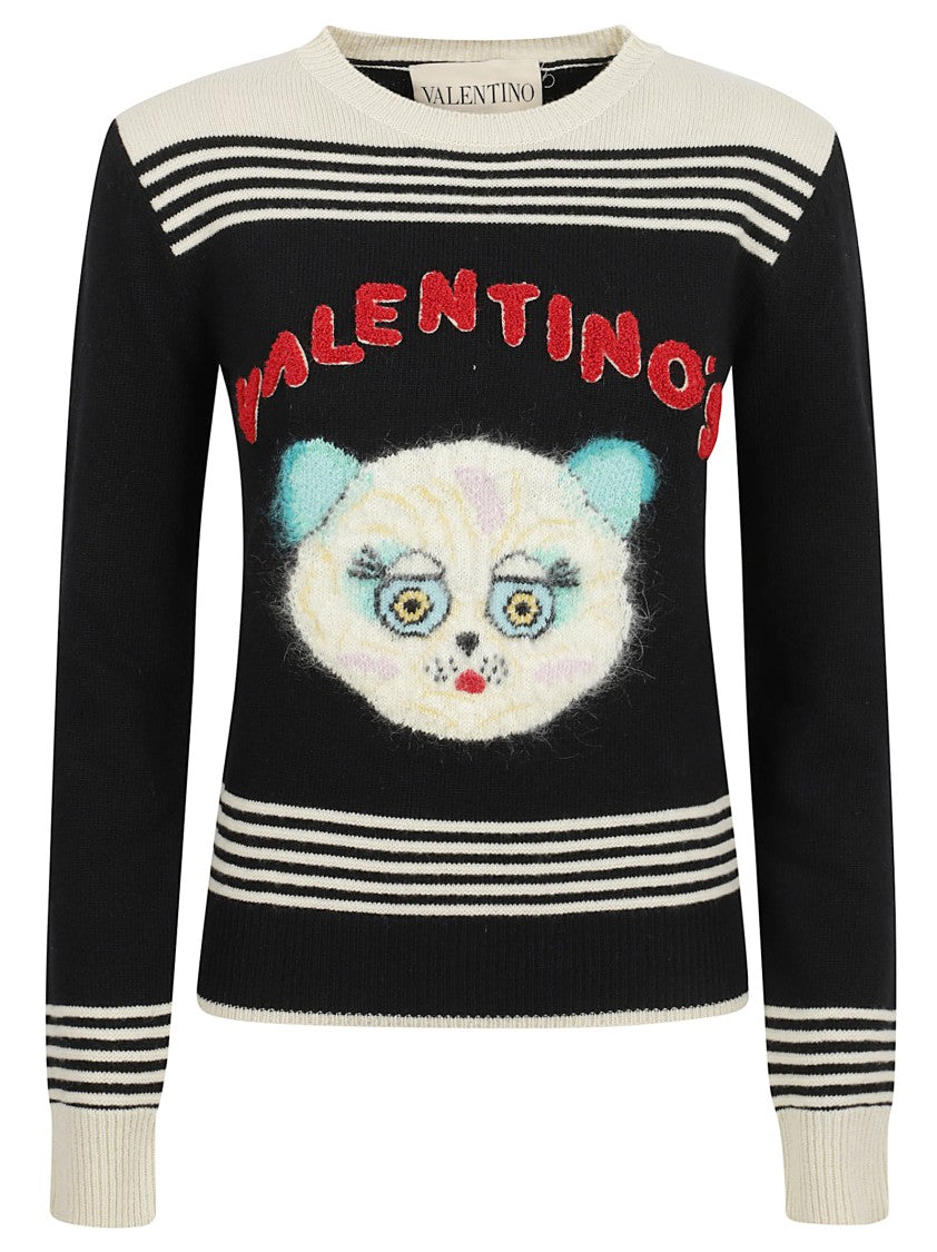 Valentino Garavani Crew Neck Sweater With Multicolored Cat Embroidery