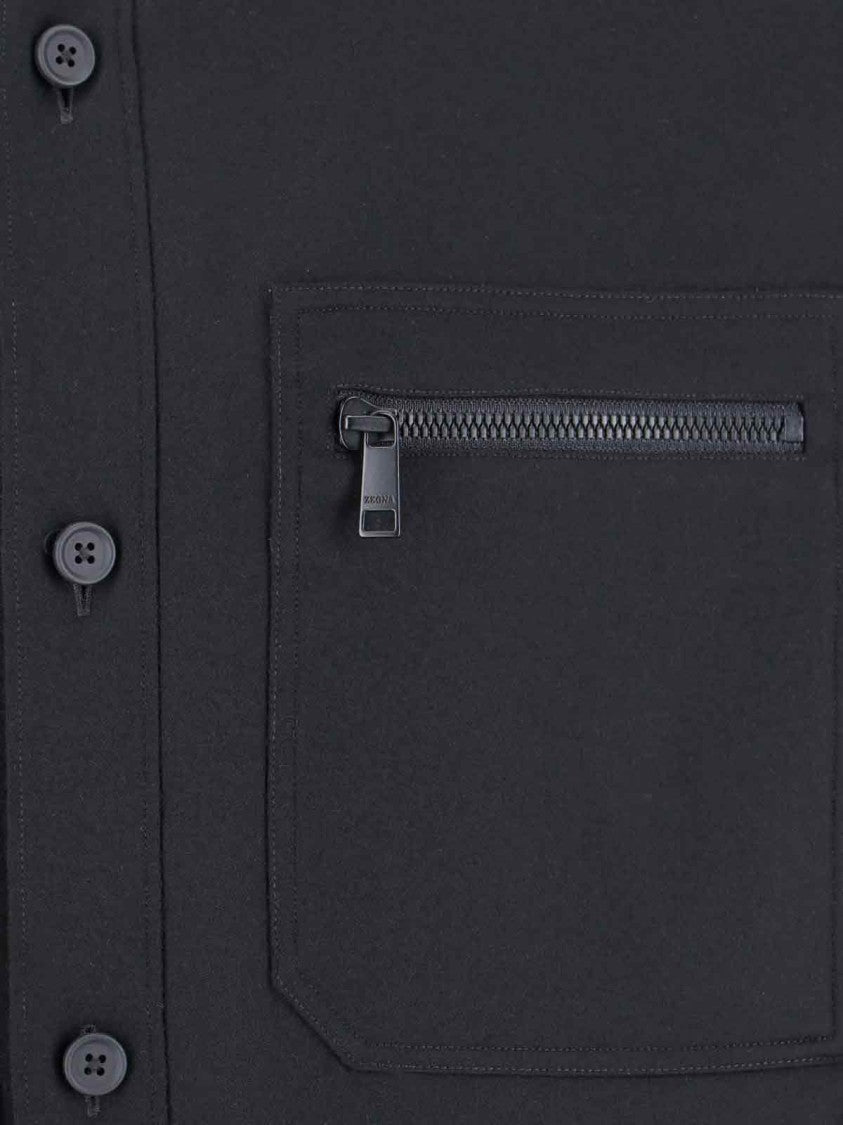 Zegna Techmerino Black Shirt With Classic Collar And Tailored Fit