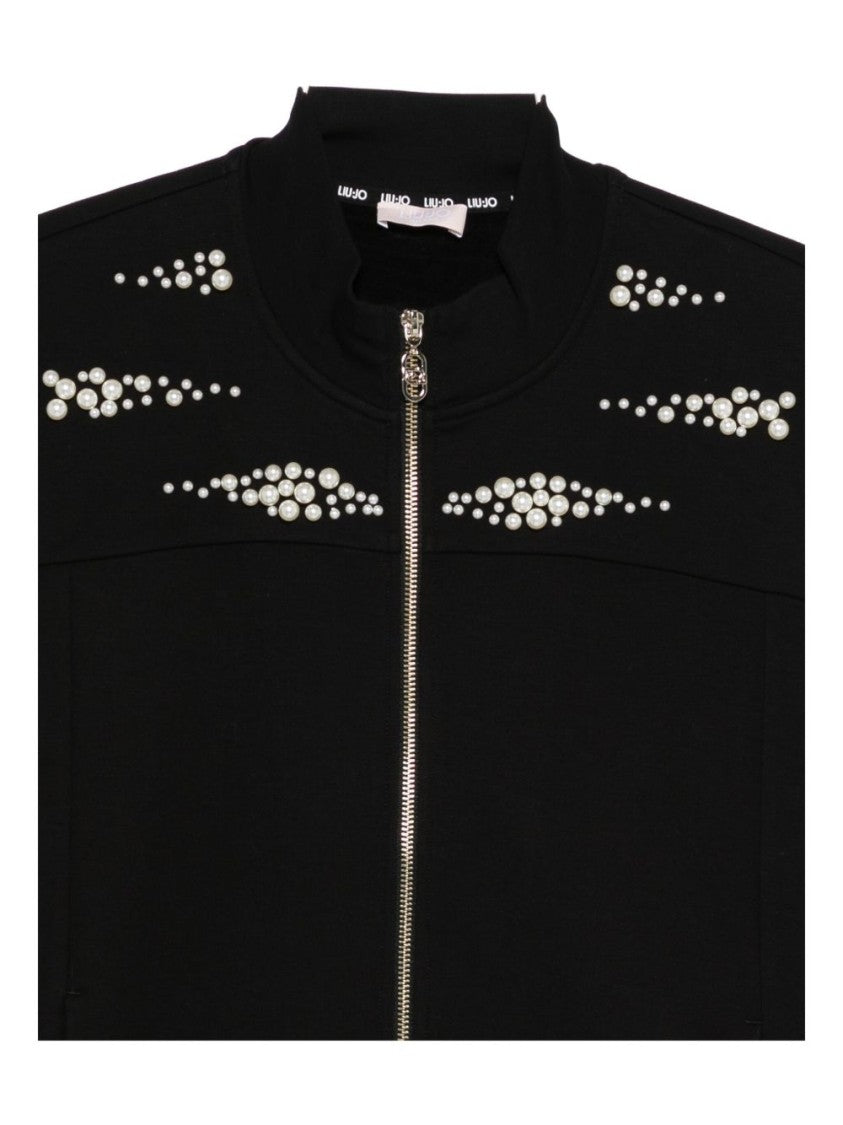 Liu Jo High Collar Black Sweatshirt With Pearl Embellishments