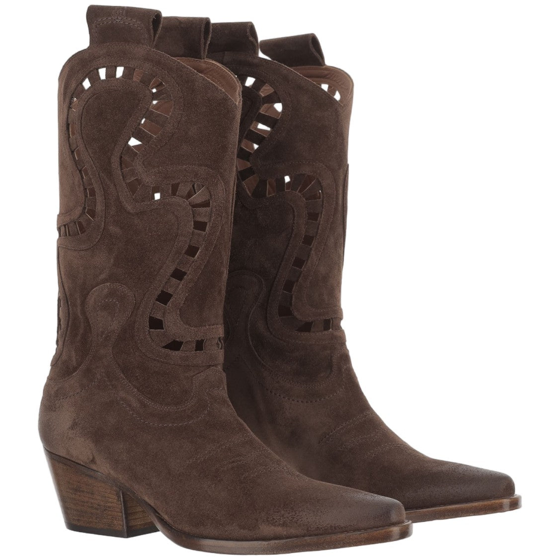 Sartore Mid-Calf Suede Boots With Intricate Cut-Out Design