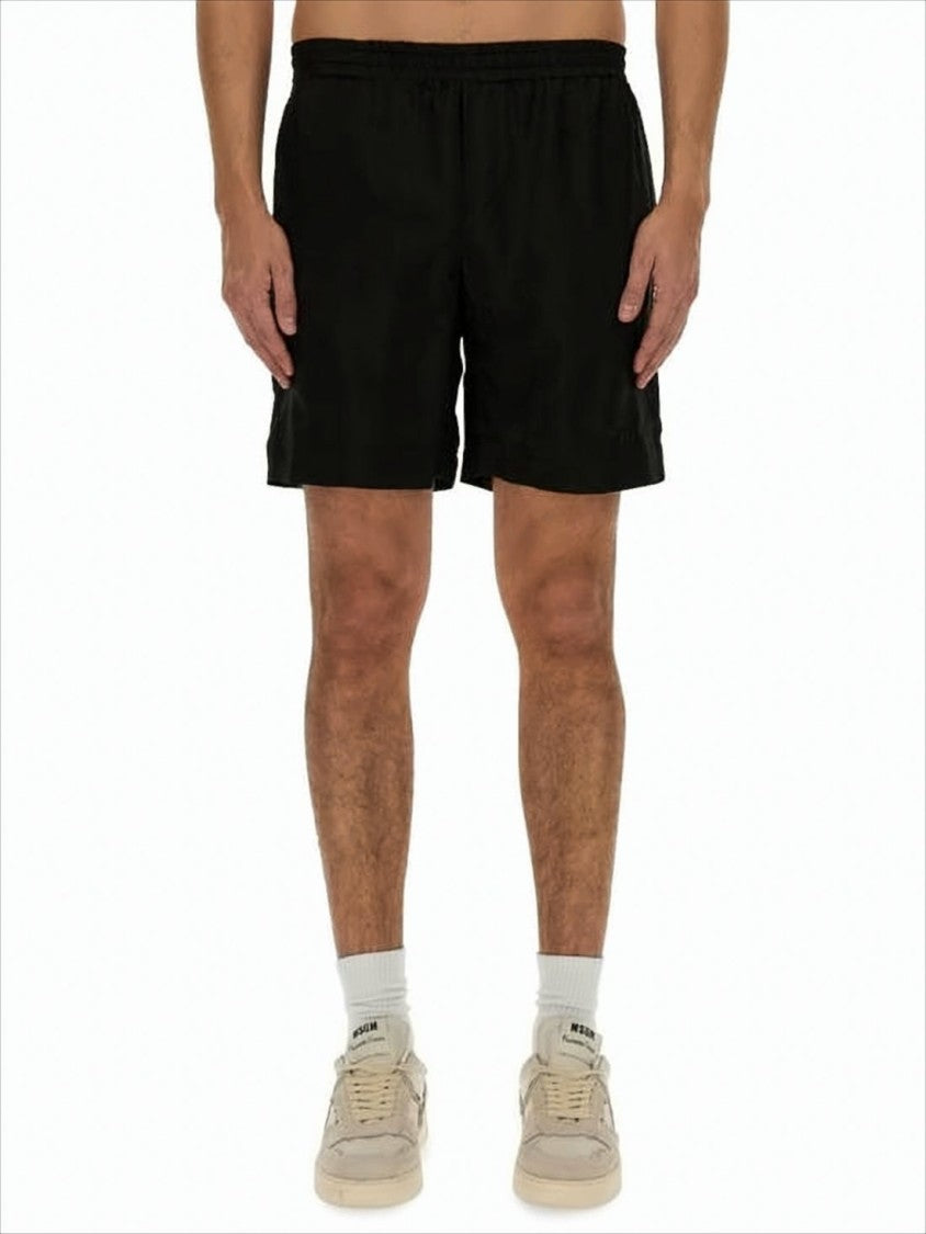 Msgm Relaxed Fit Black Cupro Activewear Shorts With Elastic Waistband