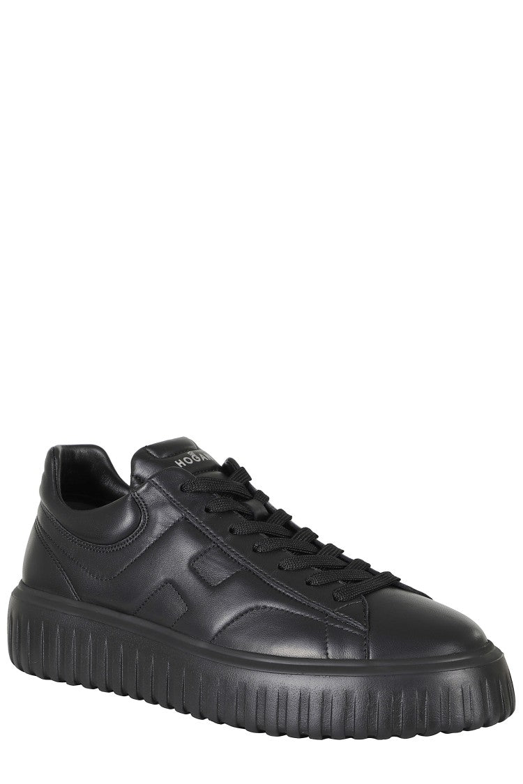 Hogan Black H Stripes Smooth Leather Rubber Sole Leather Sneakers