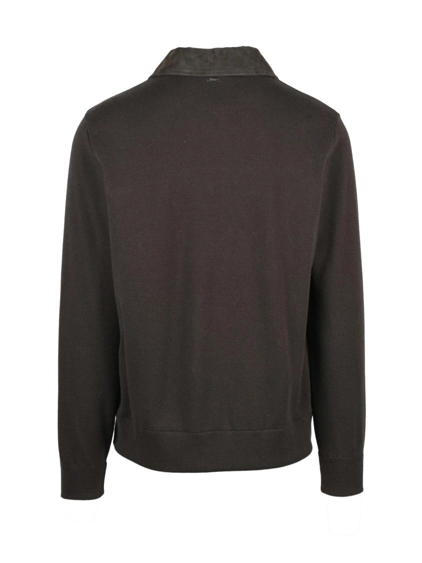 Herno Brown Textured Leather-Cotton Blend Cardigan