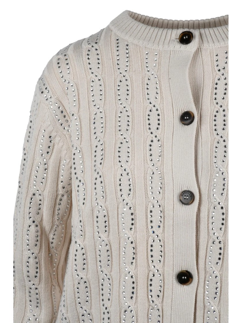 Marella Sport Beige Rhinestone Embellished Cotton-Blend Cardigan