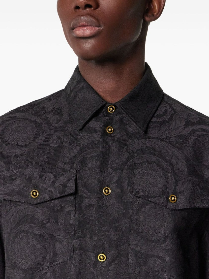 Versace Baroque Jacquard Black Shirt With Gold Accents