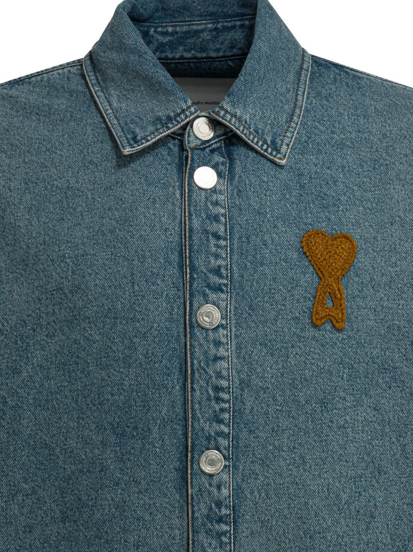Ami Paris Button-Down Denim Shirt With Textured Finish And Embroidered Patch