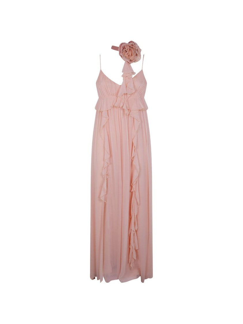 Blugirl Floor-Length Dress With Cascading Ruffles And Rose Detail