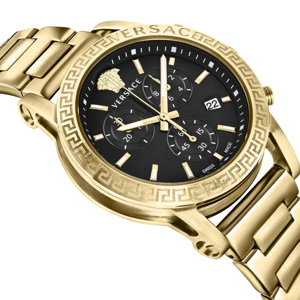 Versace Gold-Toned 40Mm Stainless Steel Chronograph Watch With Black Dial
