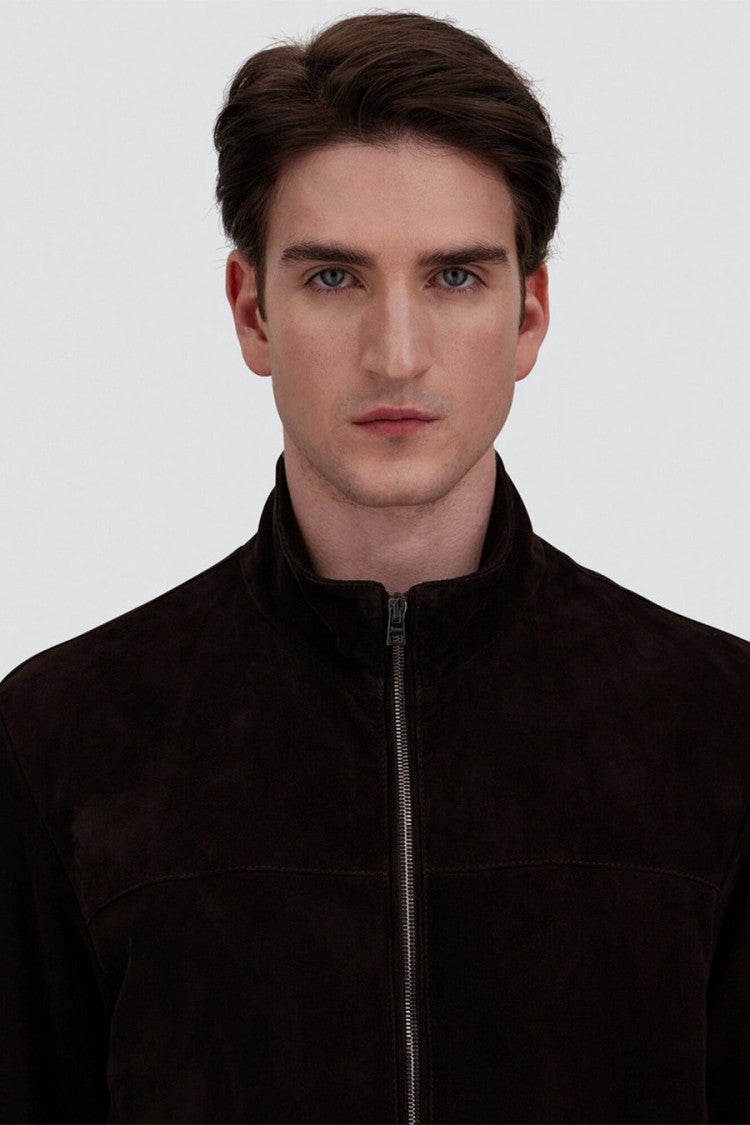 Herno Brown Leather Stand-Collar Zip Jacket