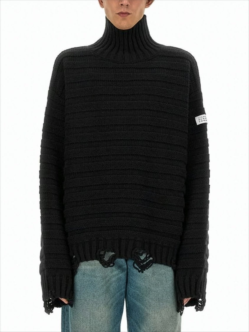 Mm6 By Maison Margiela Oversized Black Ribbed Knit Turtleneck Sweater