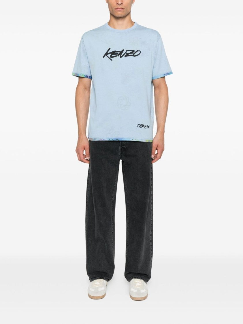 Kenzo Light Blue Logo Print T-Shirt With Floral Detail