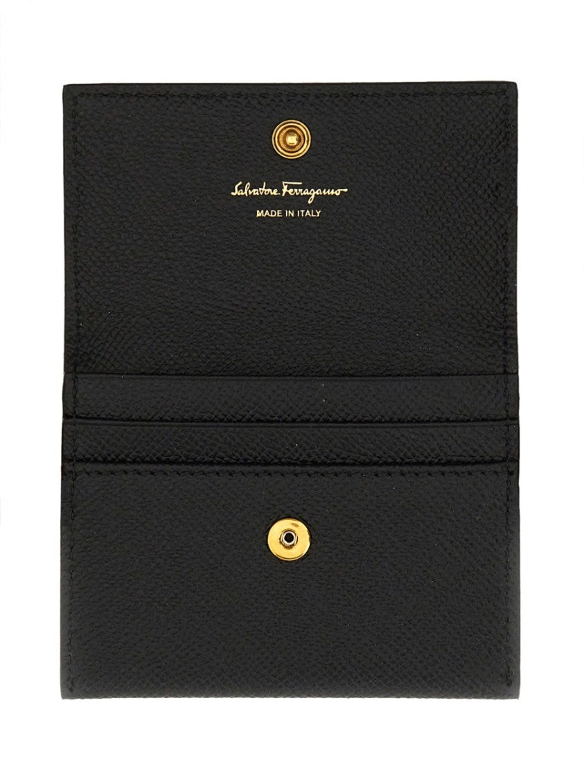 Ferragamo Neutral Textured Exterior Gold Hook Card Wallet