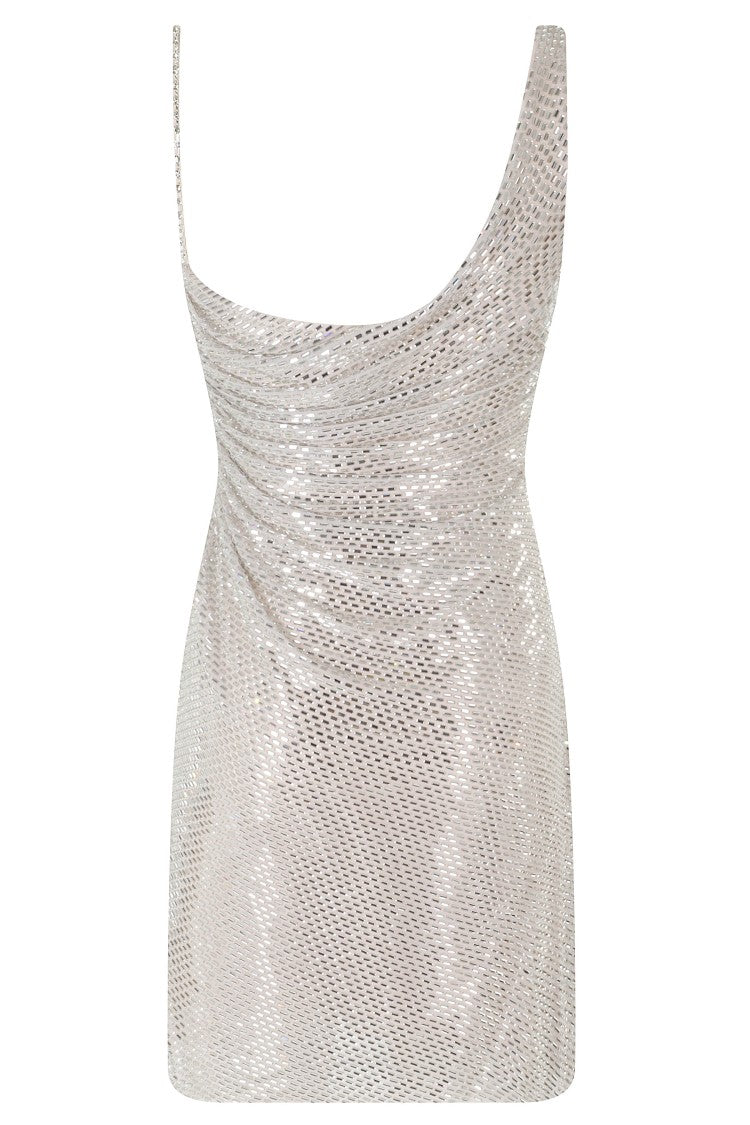 Self-Portrait Champagne Rhinestone Draped Hooded Mini Dress
