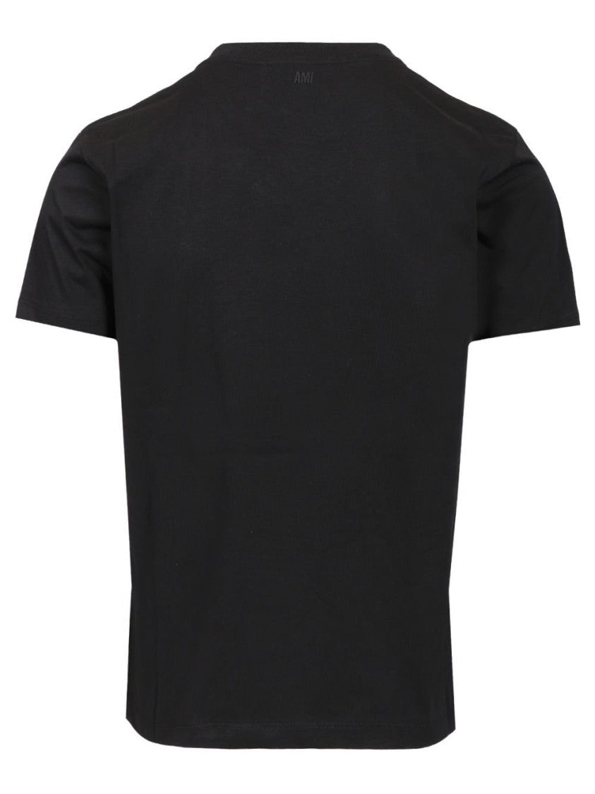 Ami Short-Sleeved Black Cotton T-Shirt With Embroidered Logo