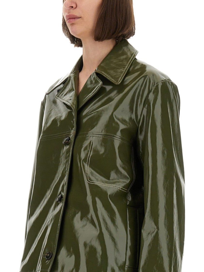 Ps Paul Smith Glossy-Finish Green Leather Jacket With Classic Collar