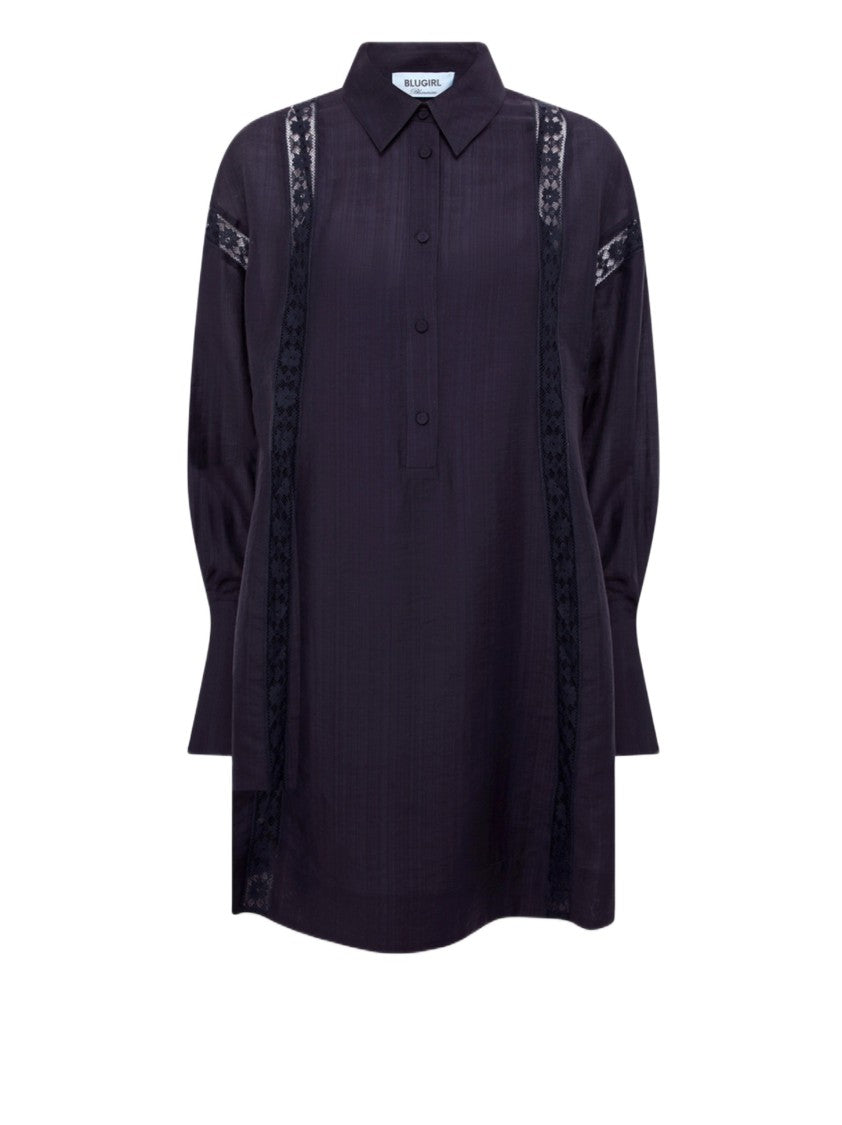 Blugirl Short Lyocell Dress With Lace Trims And Shirt Collar