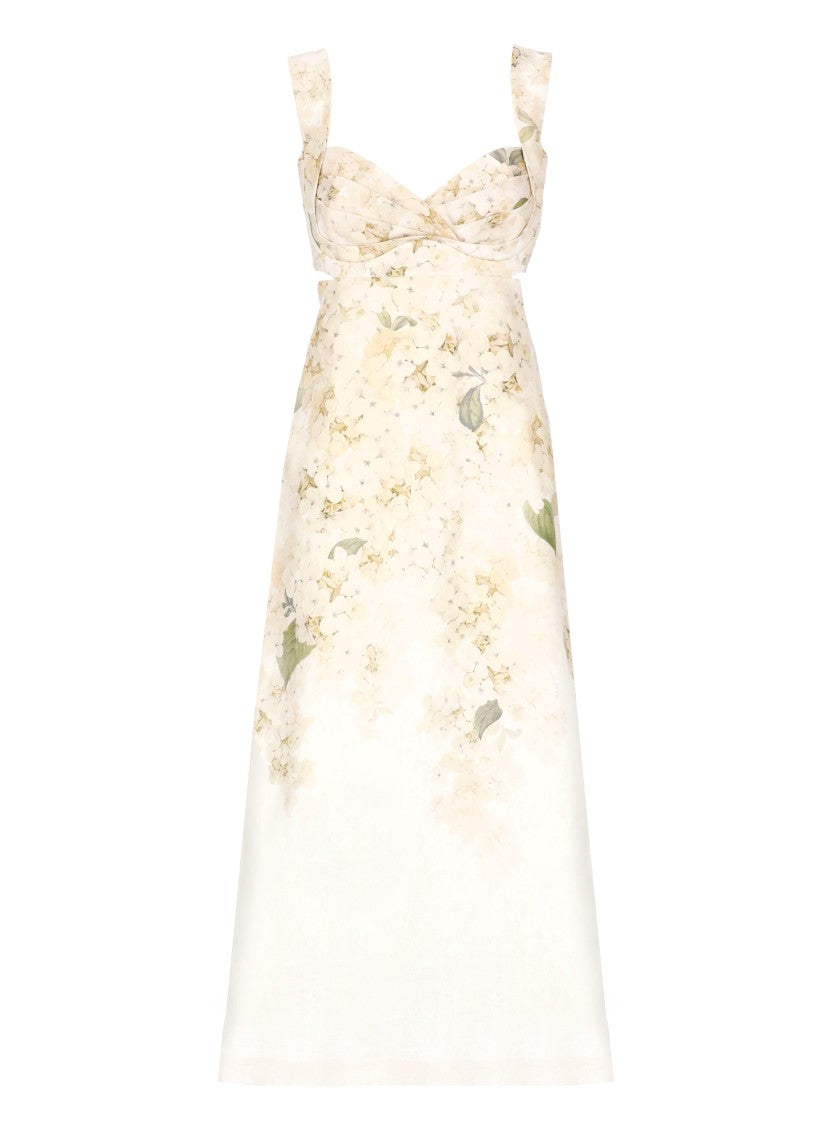 Zimmermann Ivory Linen Maxi Dress With Tropical Pattern