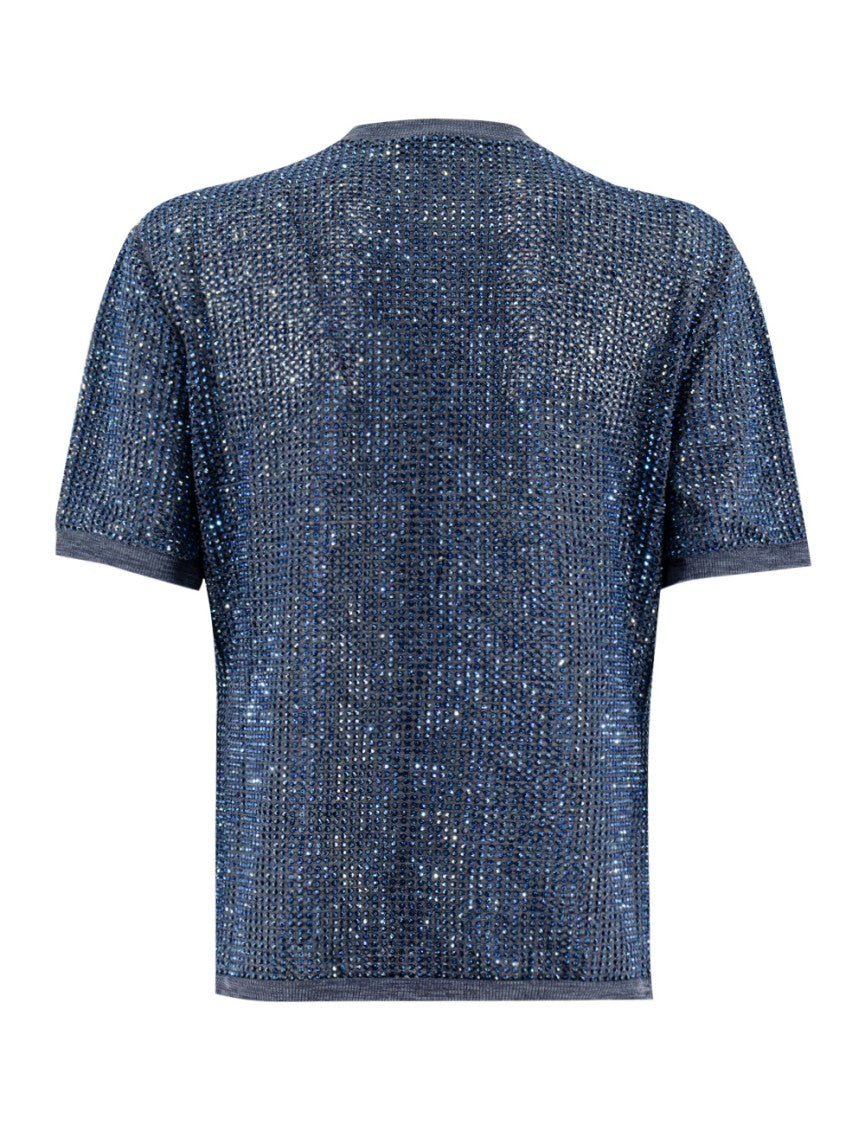 Ermanno Scervino Dark Denim Melange T-Shirt With Crystal Appliques