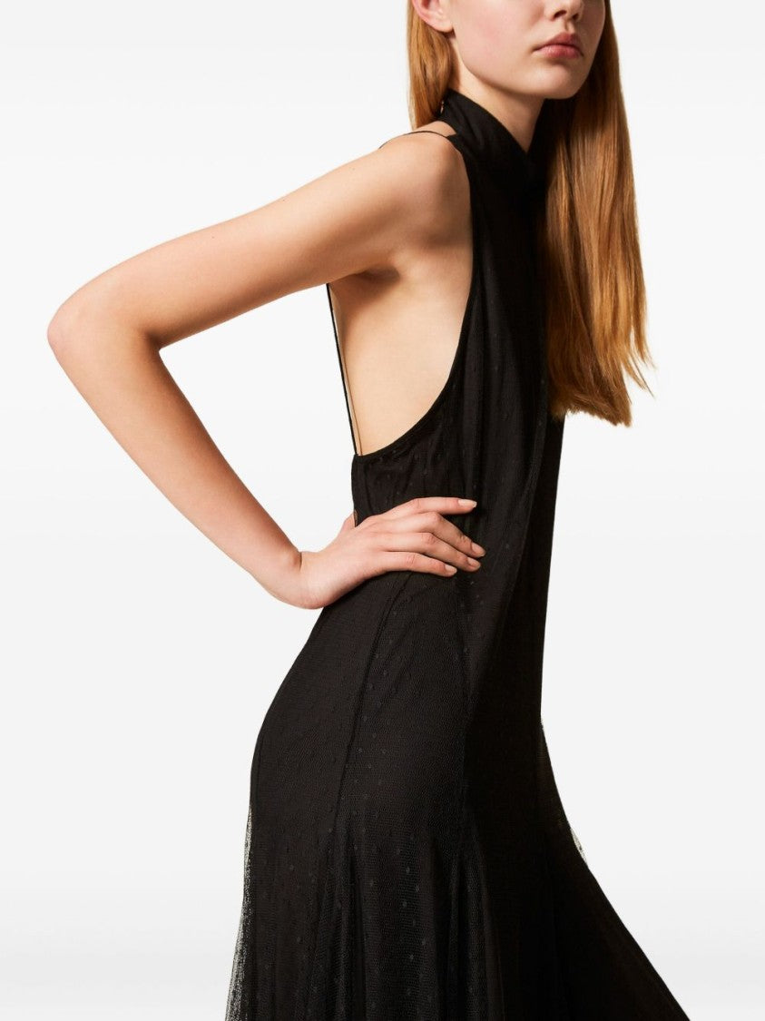 Twin-Set Sleeveless Black Maxi Dress With Tulle Overlay
