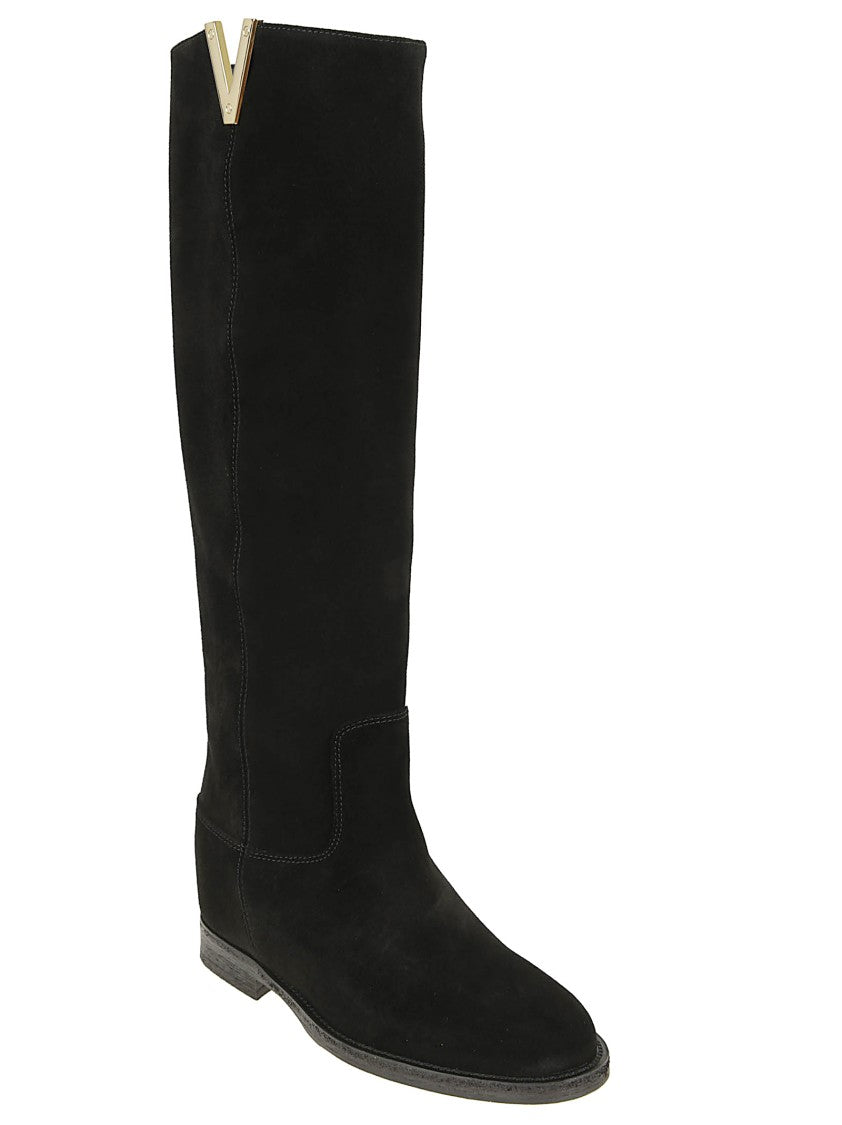 Via Roma 15 Tall Black Leather Ankle Boots With Metallic Accent