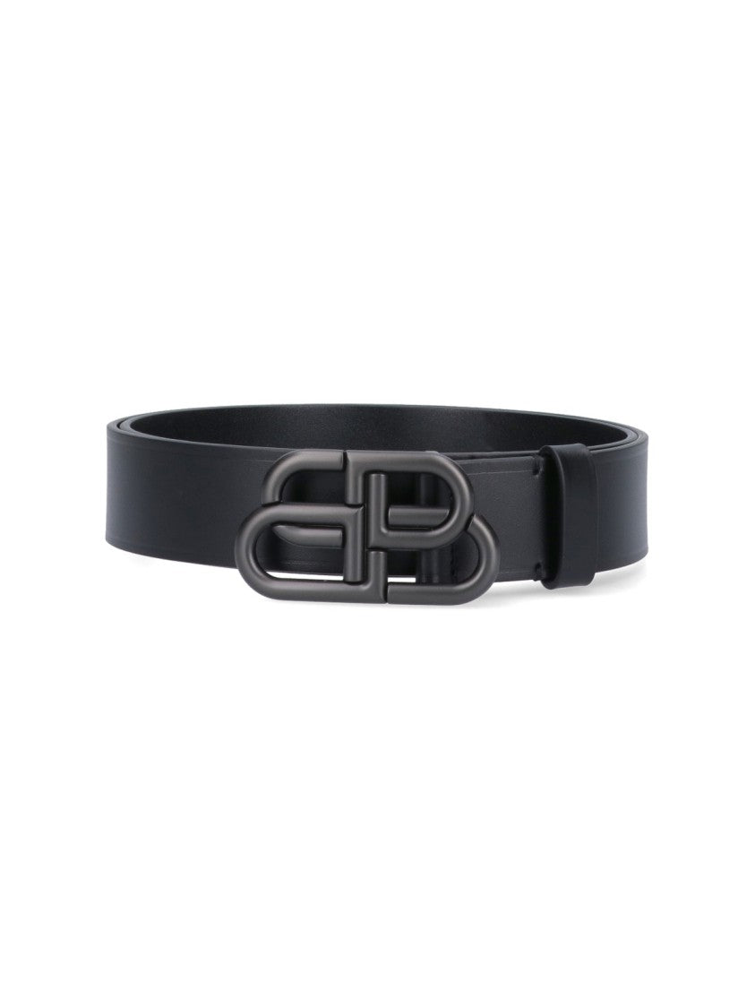 Balenciaga Interlocking Double B Buckle Black Textured Leather Belt