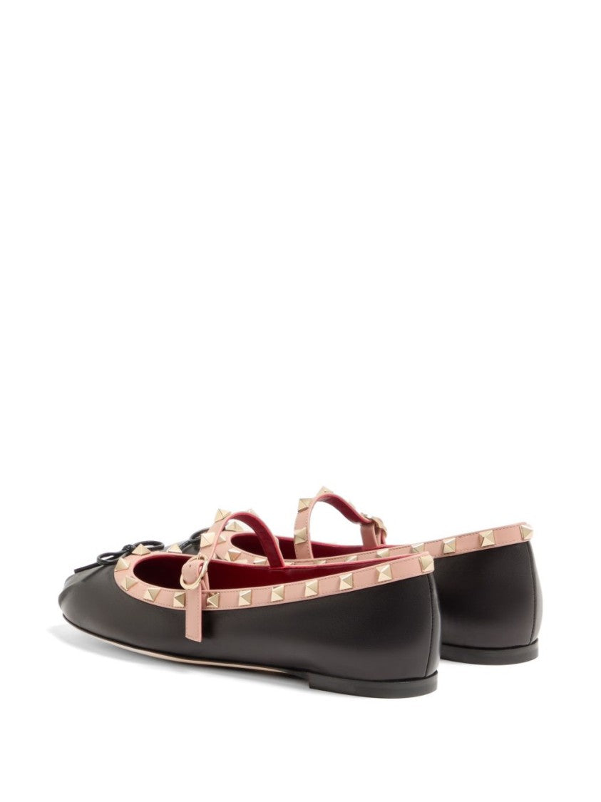 Valentino Garavani Black Leather Gold Studded Bow Flats
