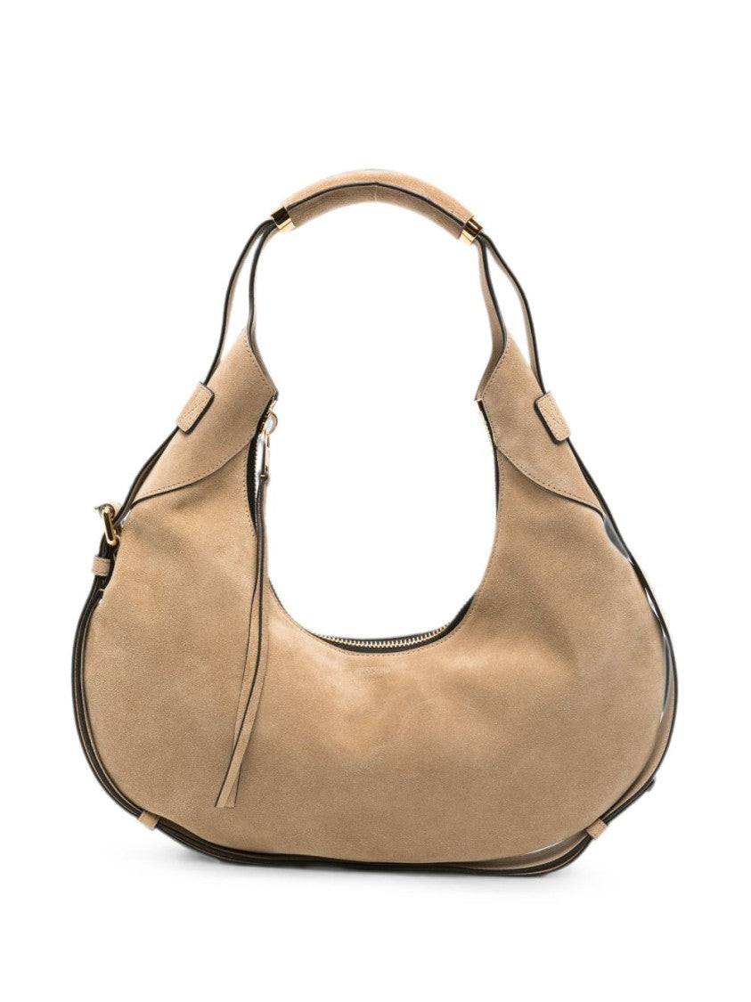 Moschino Crescent-Shaped Suede Bag With Gold Hardware Accents