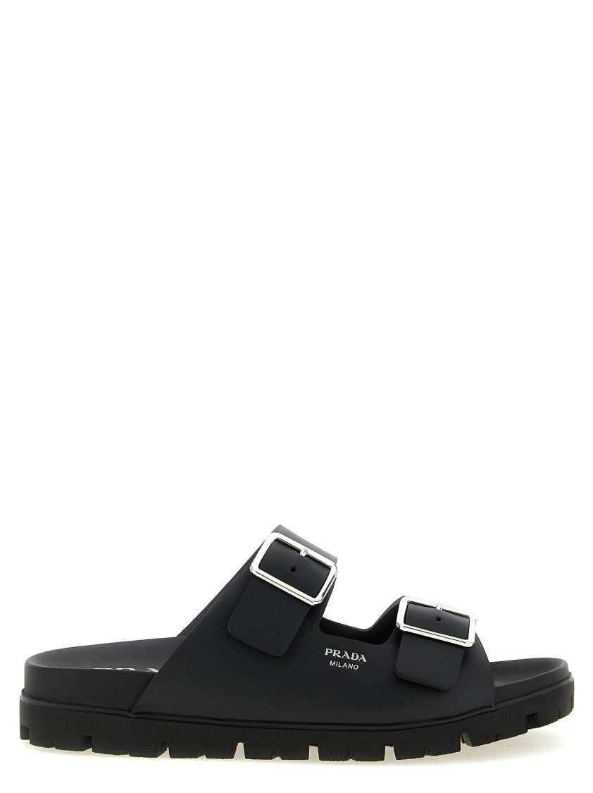 Prada Black Rubber Slides With Adjustable Double Strap