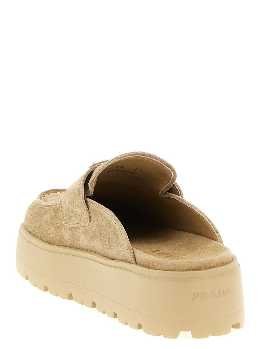 Prada Suede Sabots With Enameled Triangle Logo