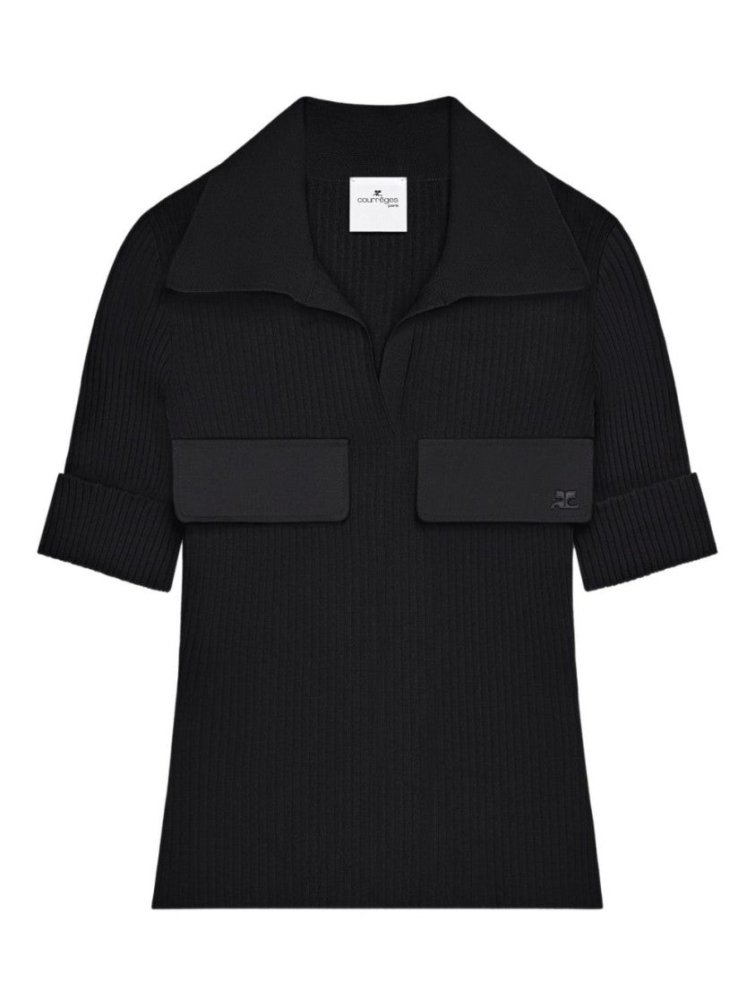 Courrèges Fitted Ribbed Knit Top With Flap Pockets And Turn-Up Cuffs