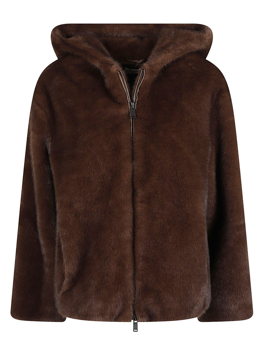 P.A.R.O.S.H. Plush Faux Fur Jacket With Hood And Cropped Silhouette
