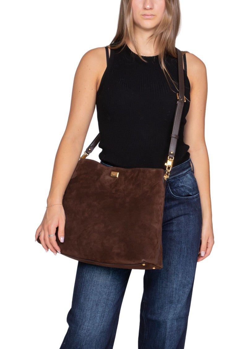 Dolce & Gabbana Trapezoidal Suede Shoulder Bag With Gold-Tone Accents