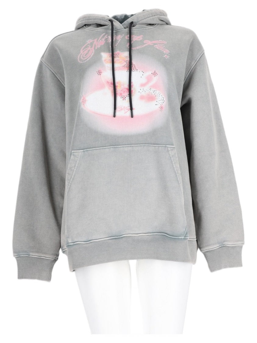 Msgm Grey Vintage Graphic Cotton Hoodie