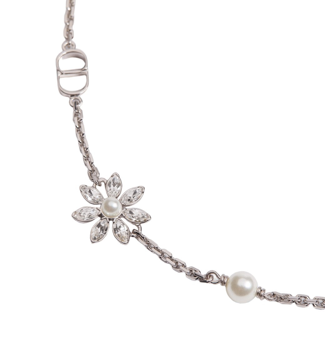 Christian Dior Clear Crystal And Pearl Floral Motif Bracelet