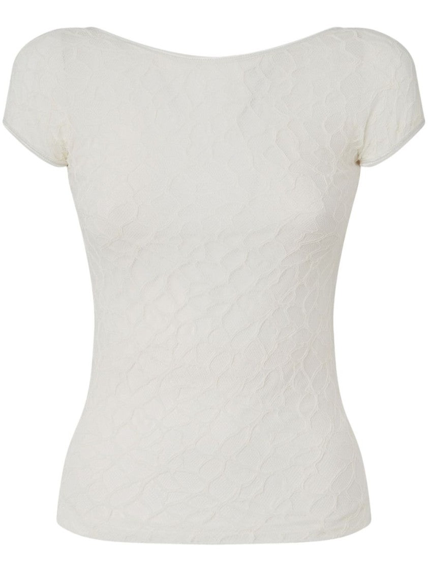 Pinko Fitted White Stretch Lace Top With Deep U-Neckline