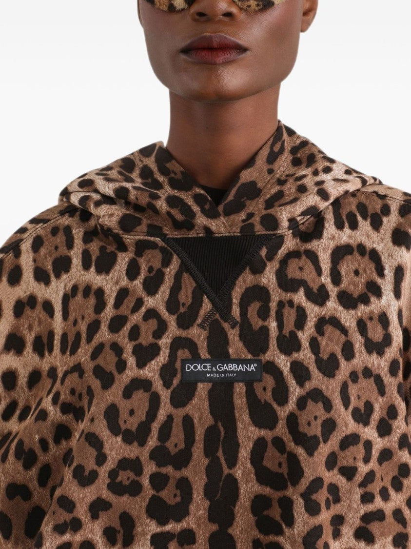 Dolce & Gabbana Cropped Leopard Print Hooded Ribbed Sweatshirt