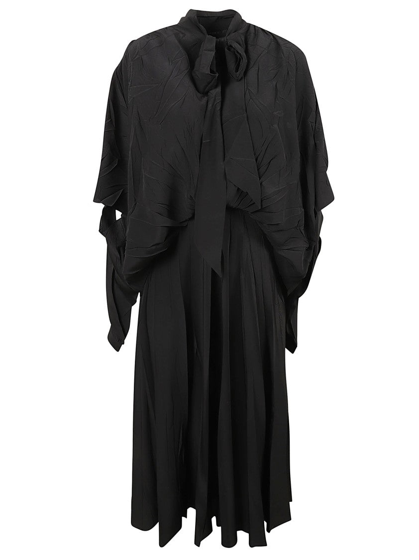 Balenciaga Crinkled Silk Midi Dress With Scarf Collar And Overlay Panel