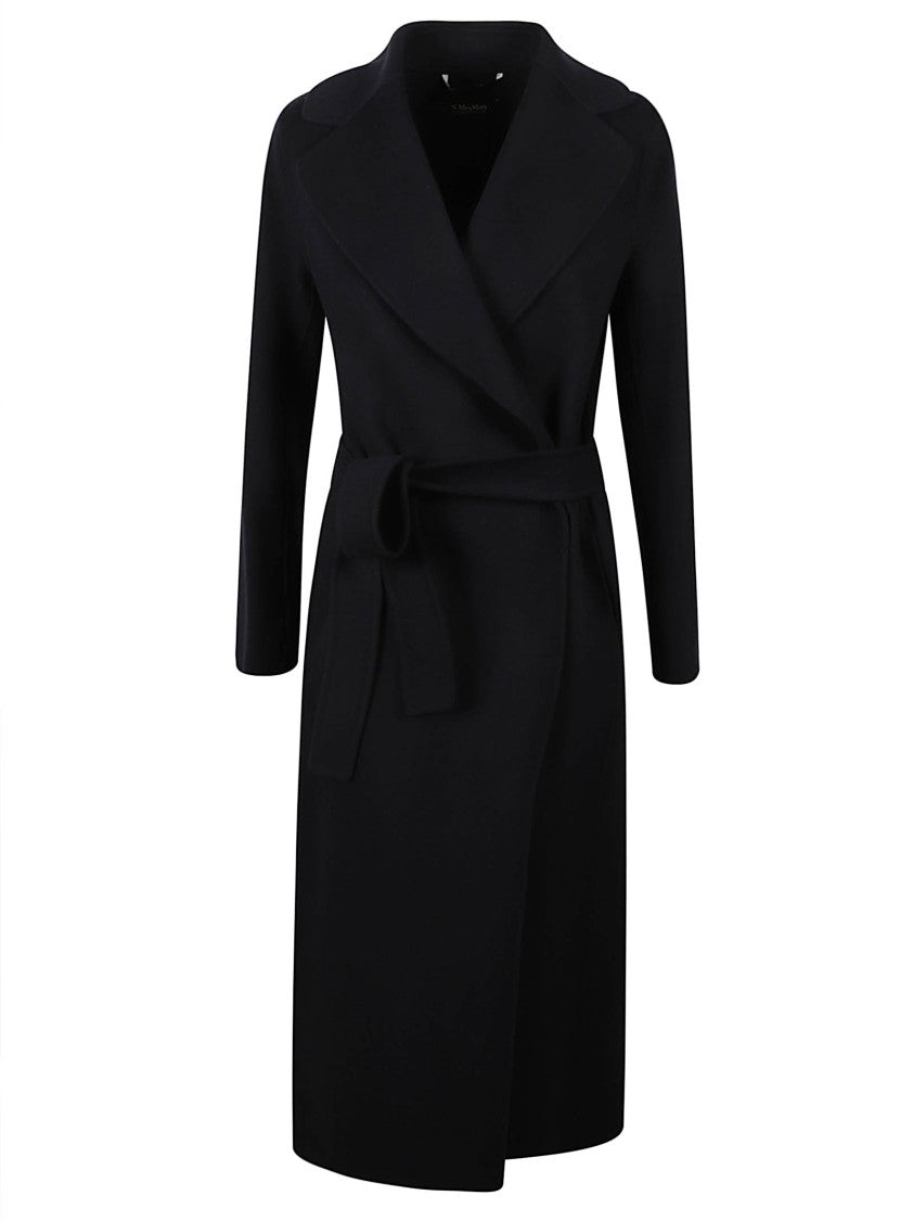 Max Mara Wrap Design Long Black Coat With Wide Lapel Collar