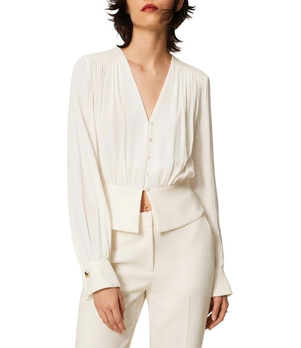 Twin-Set Deep V-Neck Pleated Long-Sleeve Blouse