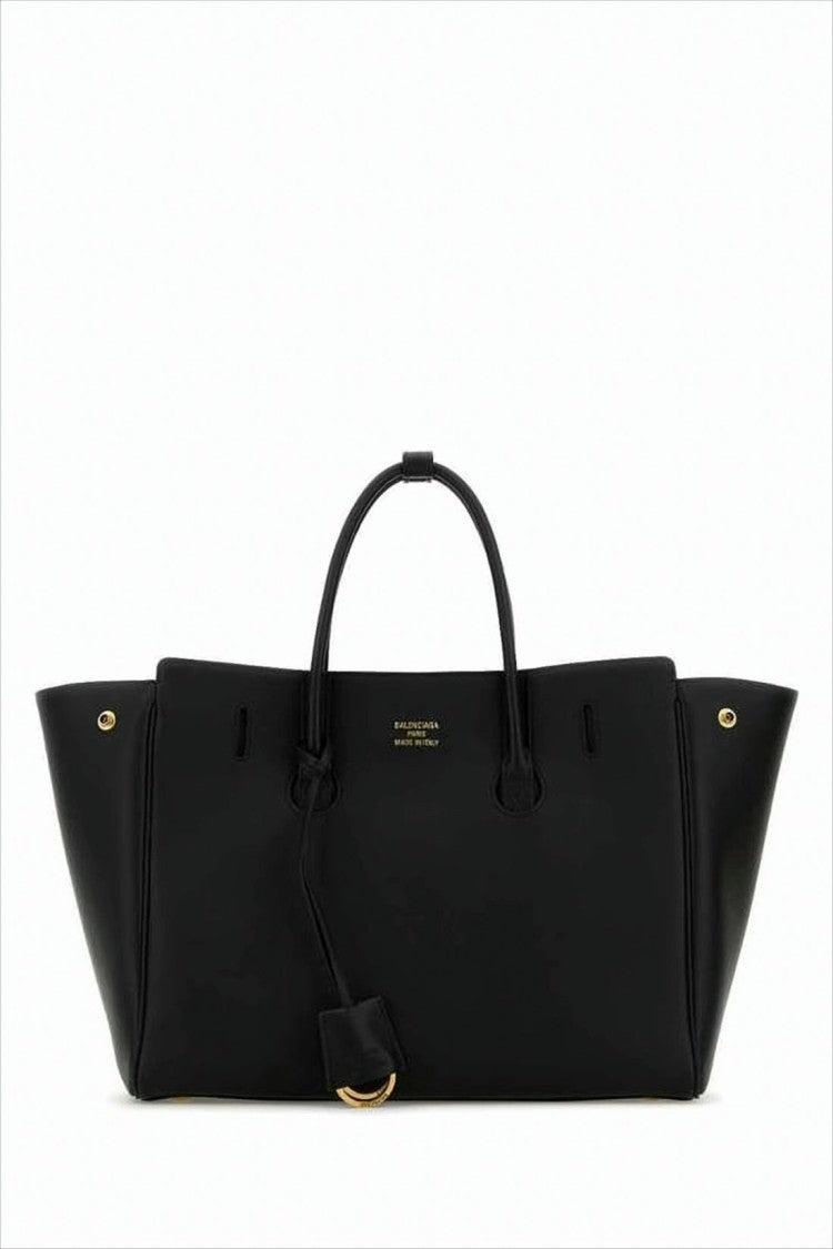 Balenciaga Structured Black Lambskin Shoulder Bag With Gold Accents