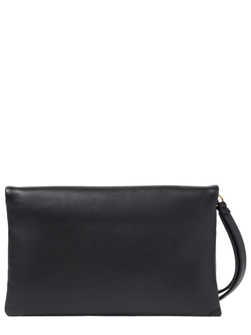 Fendi Rectangular Black Leather Pouch With Gold Clasp And Chain Strap