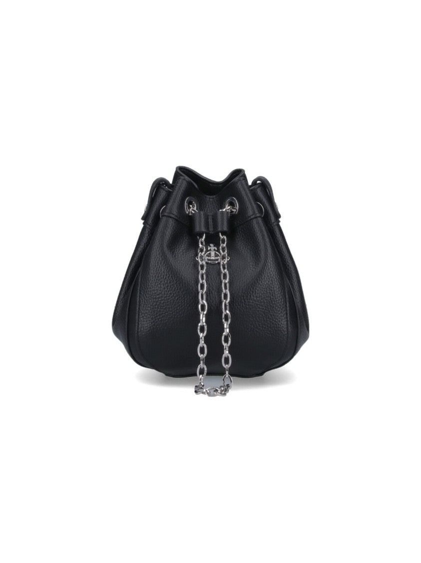 Vivienne Westwood Pebbled Black Bag With Drawstring Closure And Chain Accents