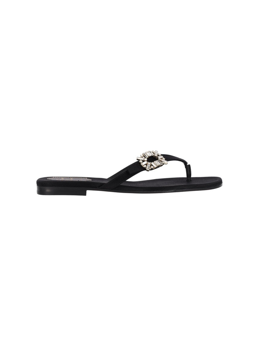 Roger Vivier Black Satin Crystal Slides Sandals