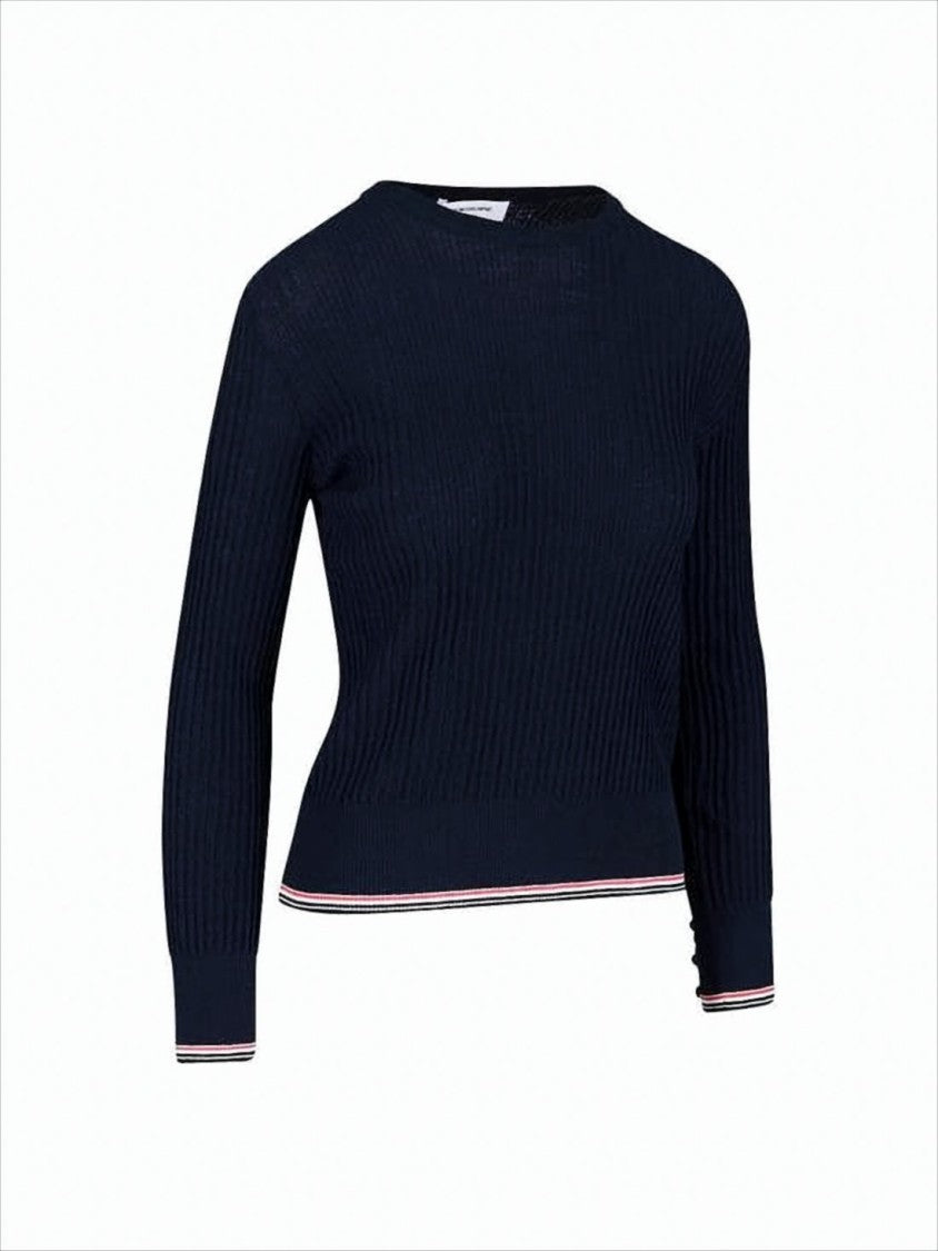 Thom Browne Ribbed Knit Sweater With Tricolor Stripe Trim