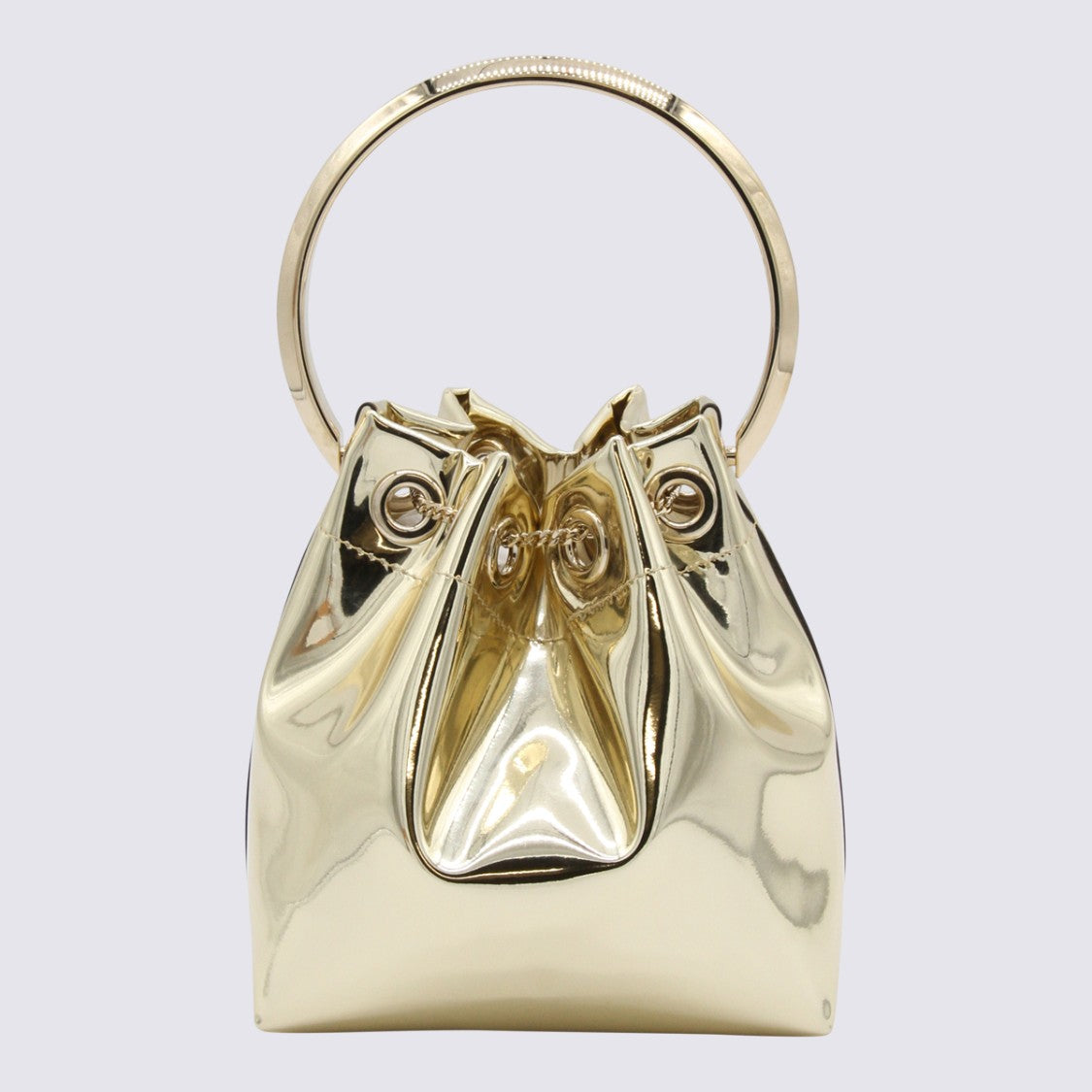 Jimmy Choo Metallic Bucket Bag With Circular Handle And Chain Tassels