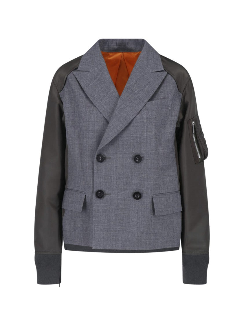 Sacai Double-Breasted Grey Nylon Twill Blazer With Zip Details